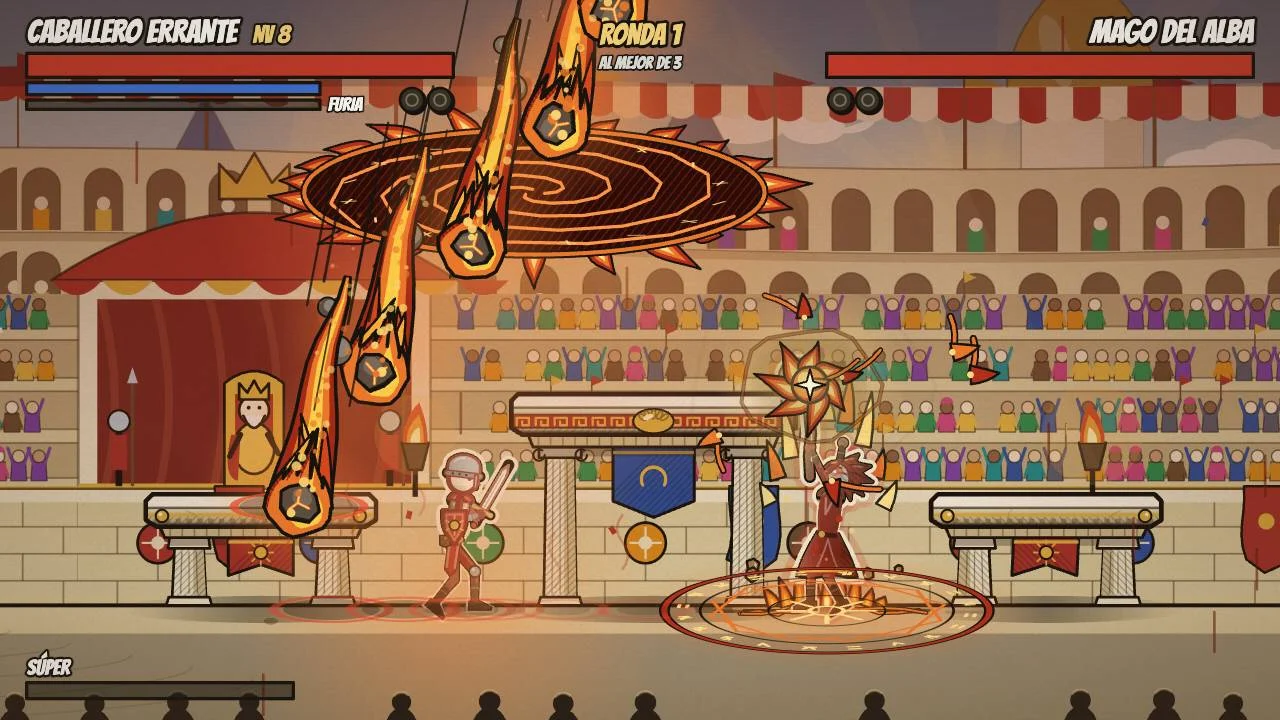 Combate de MOH: Age of Champions: el Mago del Alba lanza Lluvia de meteoros contra un guerrero en el coliseo
